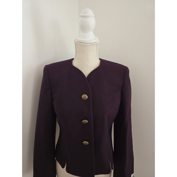 Vintage Maroon Burgundy Pure New Virgin Wool Blazer Jacket 4 Small Petite Gold - Picture 2 of 9